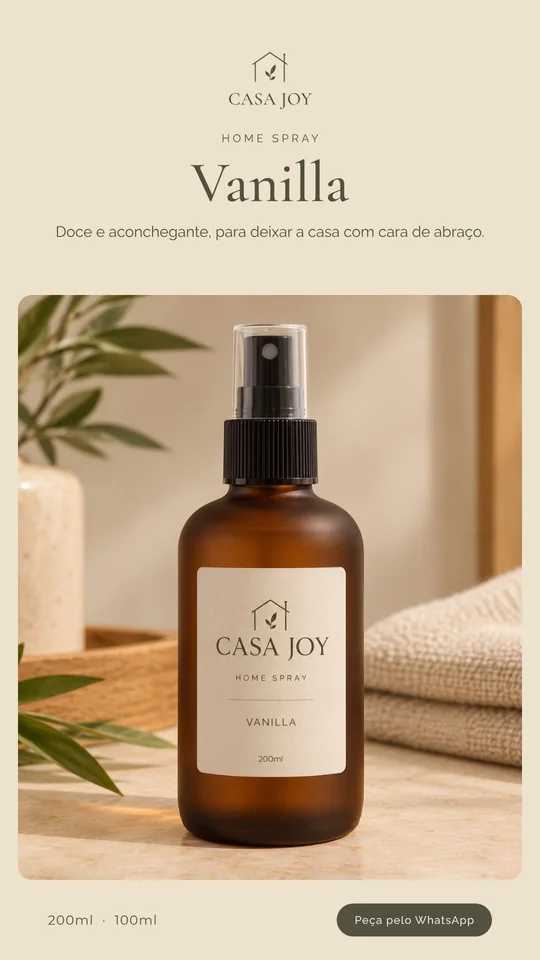 Anúncio de stories Vanilla: texto centralizado no topo, foto do frasco com cantos arredondados no meio, tamanhos e botão embaixo.