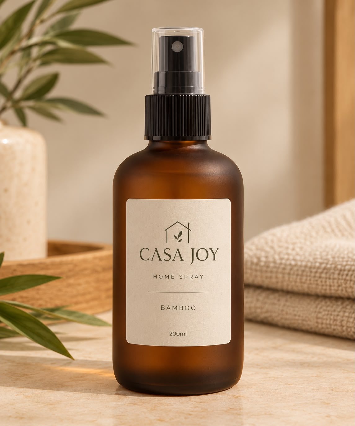 Frasco de vidro âmbar fosco do Home Spray Casa Joy Bamboo, 200ml, com rótulo creme, sobre uma bancada clara ao lado de folhas verdes e toalhas dobradas.