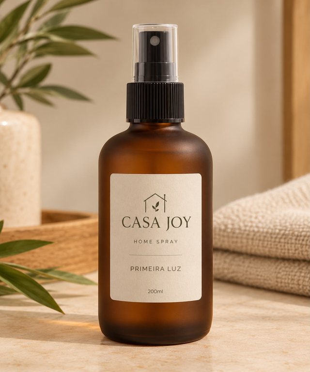 Rótulo do frasco âmbar Casa Joy com a fragrância Primeira Luz, 200ml.